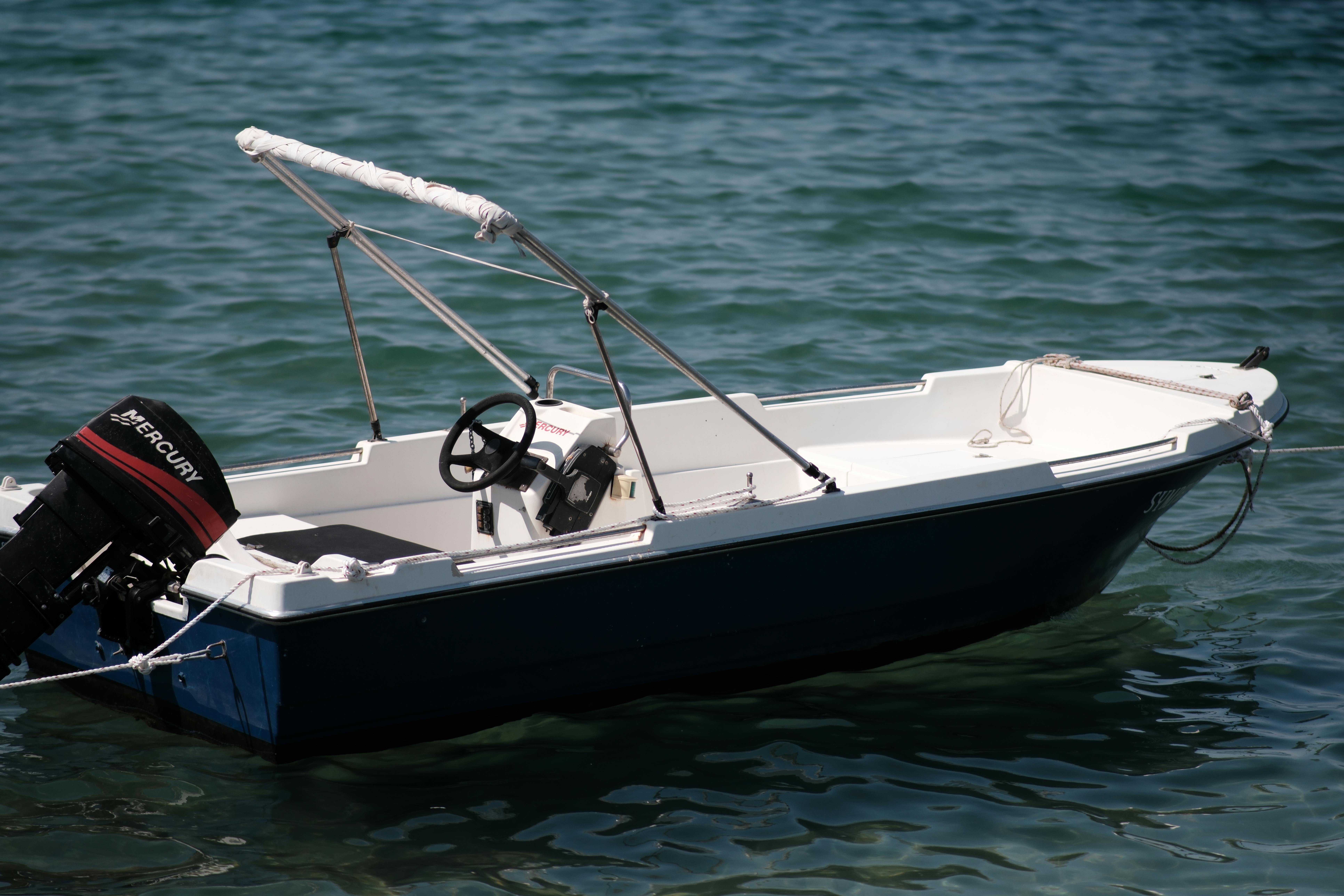Motorized fishing boat docked at the lake