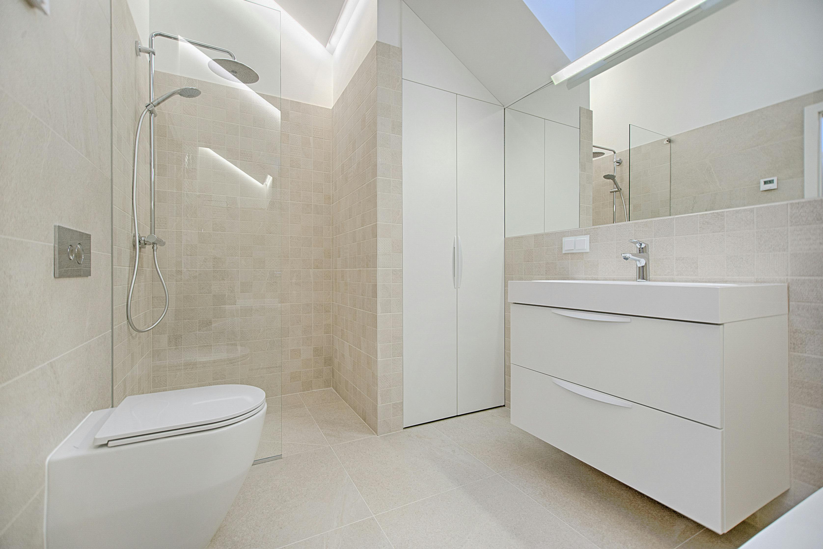 Modern tile shower in the cabin bathroom